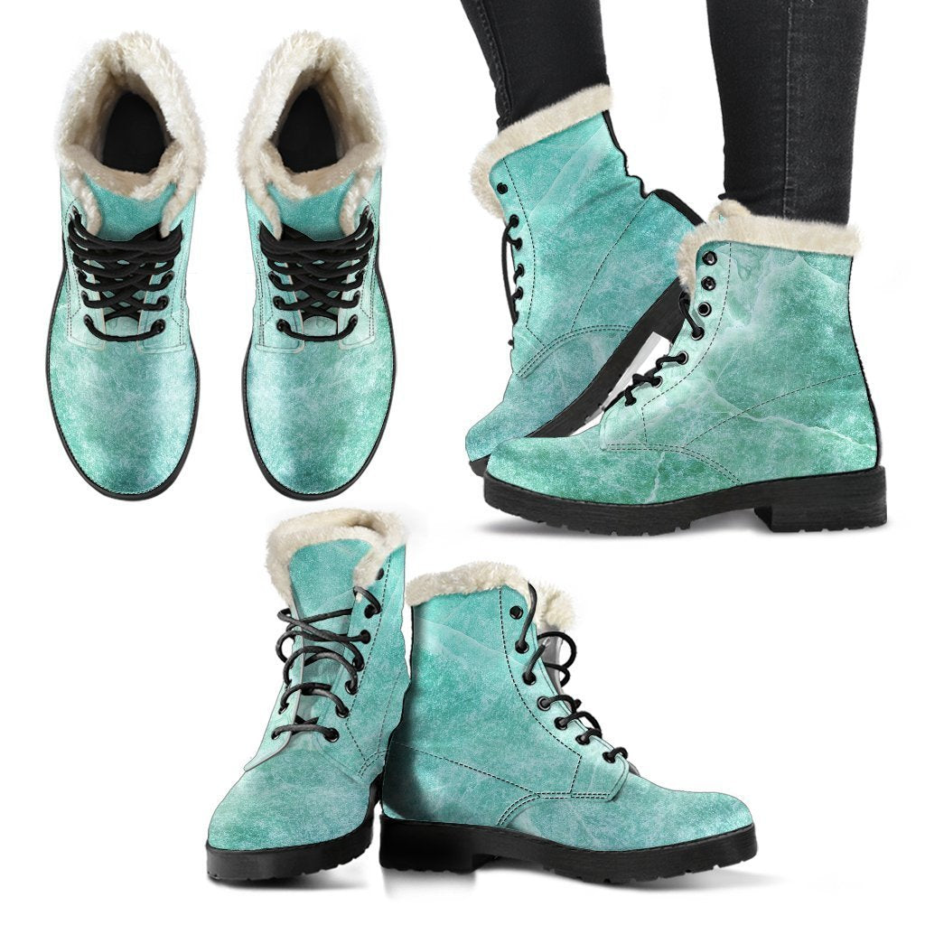 Teal Marble Print Faux Fur Leather Boots - Stylish Footwear for Hippies - 2