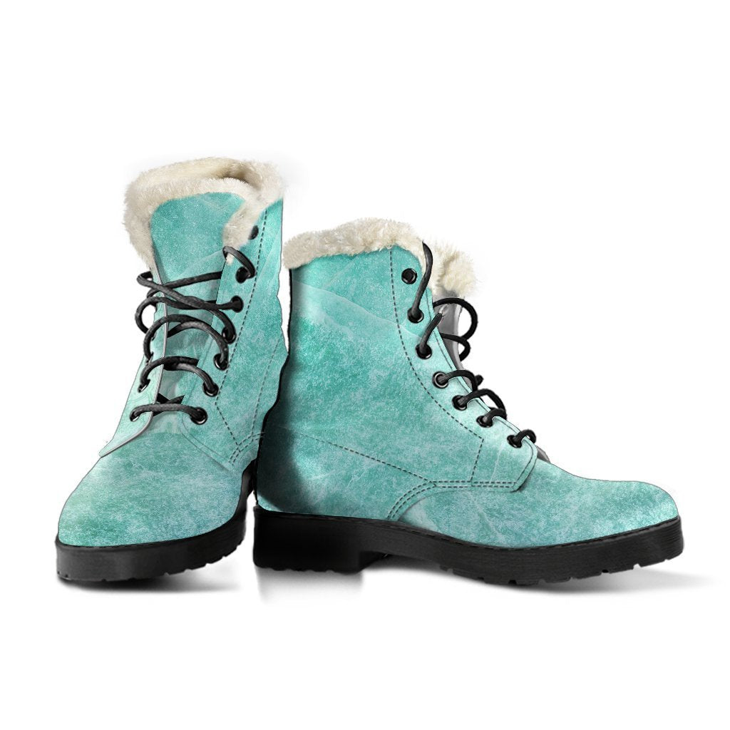 Teal Marble Print Faux Fur Leather Boots - Stylish Footwear for Hippies - 3