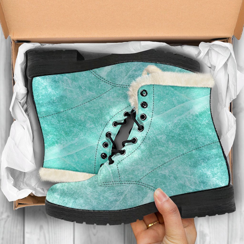 Teal Marble Print Faux Fur Leather Boots - Stylish Footwear for Hippies - 5