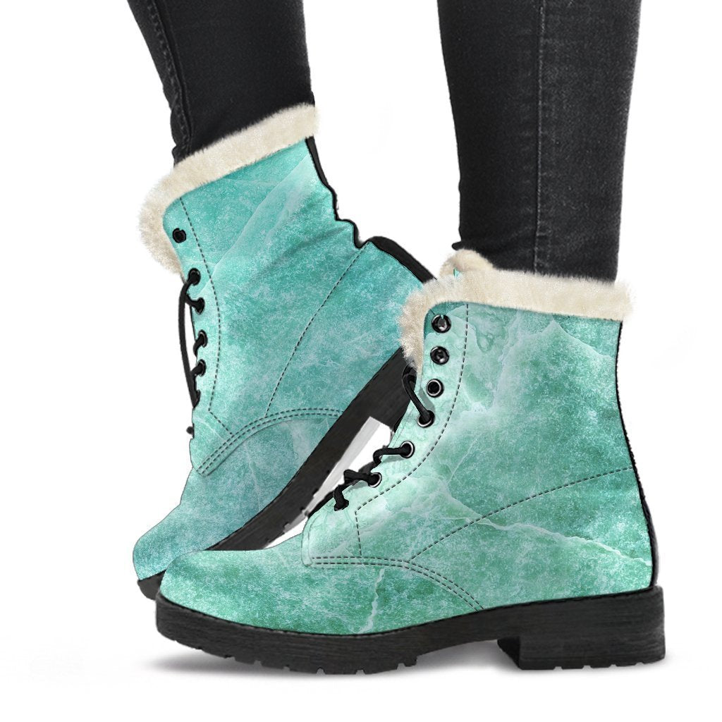 Teal Marble Print Faux Fur Leather Boots - Stylish Footwear for Hippies - 1