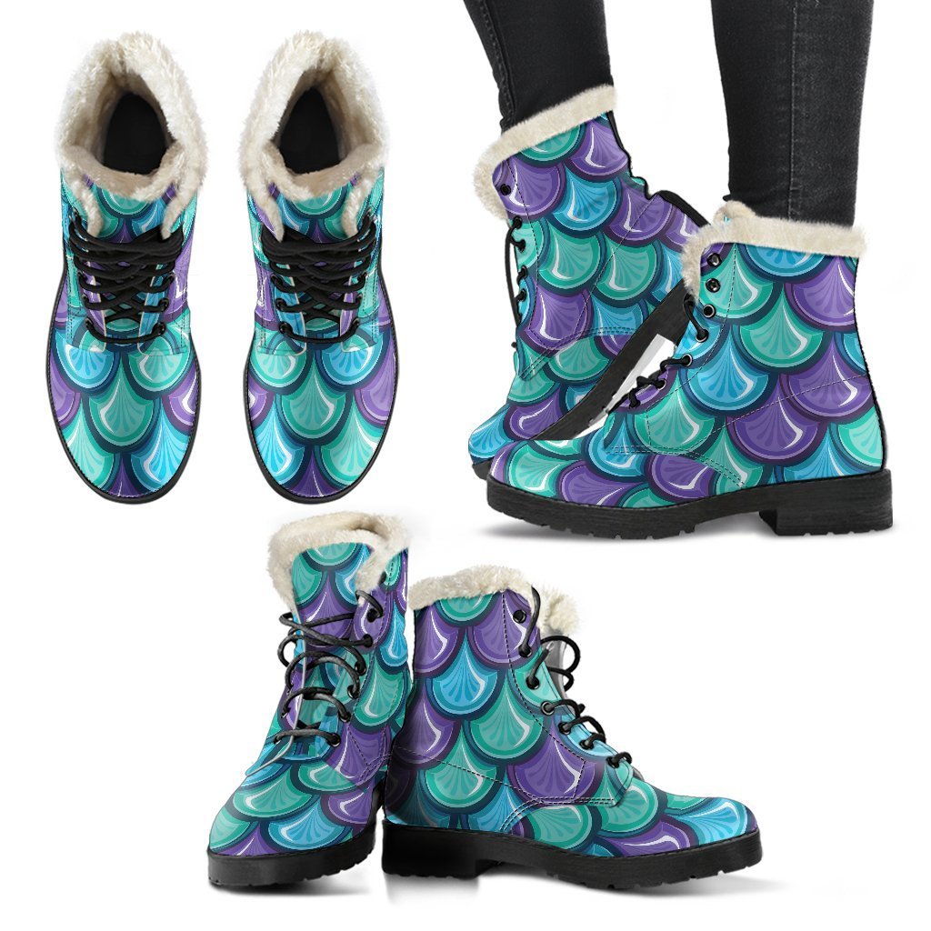 Teal Mermaid Scales Faux Fur Leather Boots for Groovy Hippies - 2