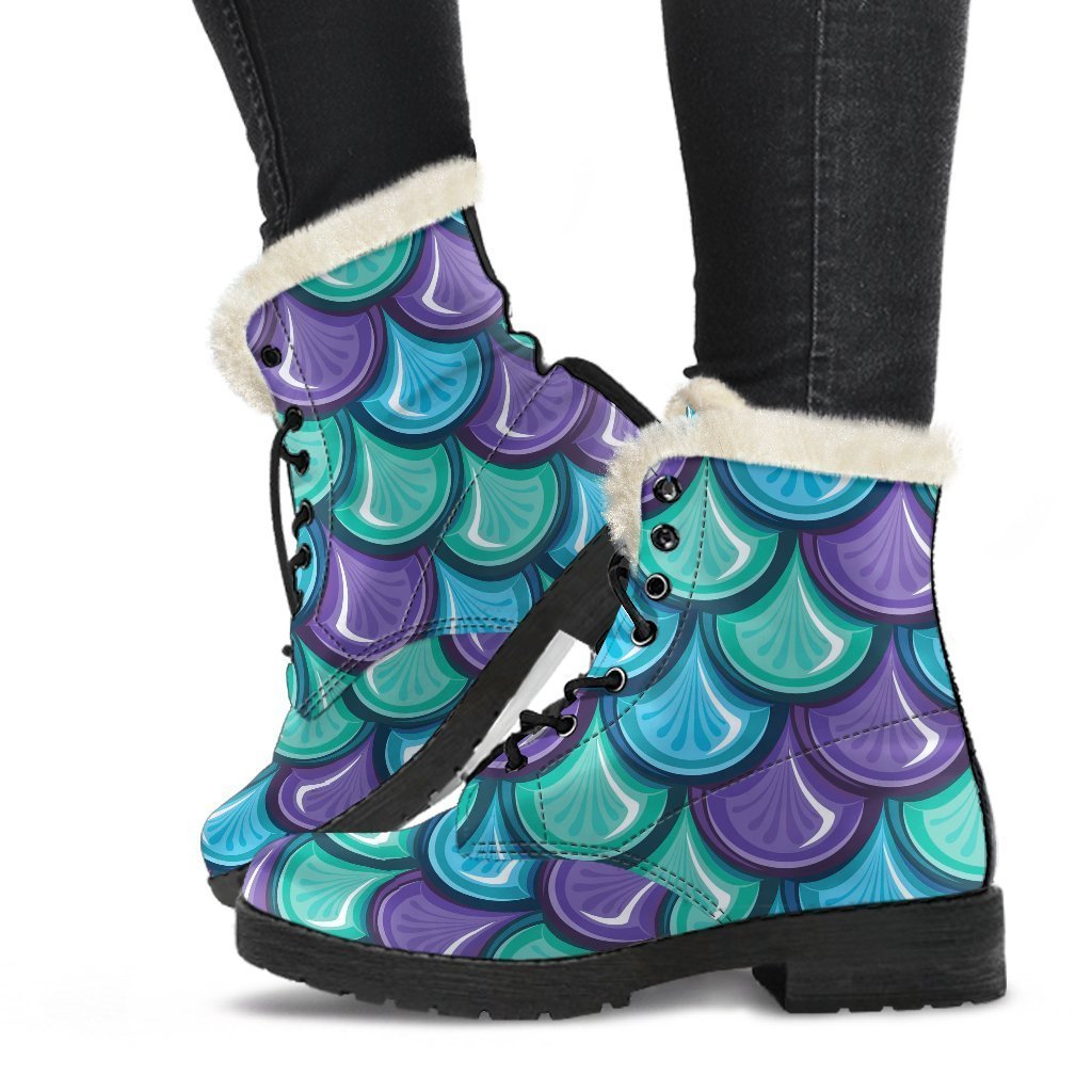 Teal Mermaid Scales Faux Fur Leather Boots for Groovy Hippies - 1