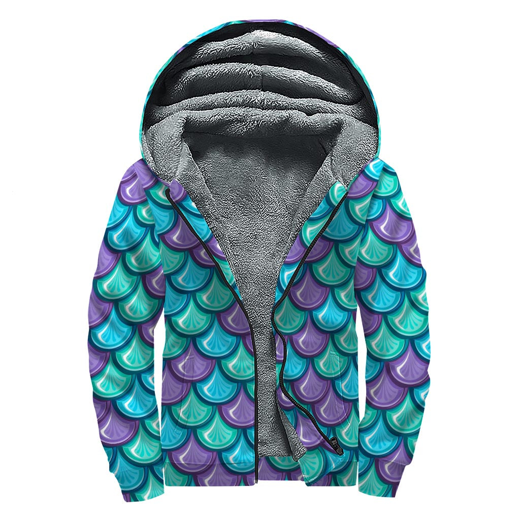 Teal Mermaid Scales Sherpa Lined Zip Up Hoodie for Hippie Babes - 1