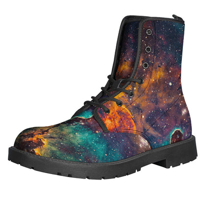 Galactic Vibes: Teal and Orange Universe Leather Lightweight Boots for Hippies - 1