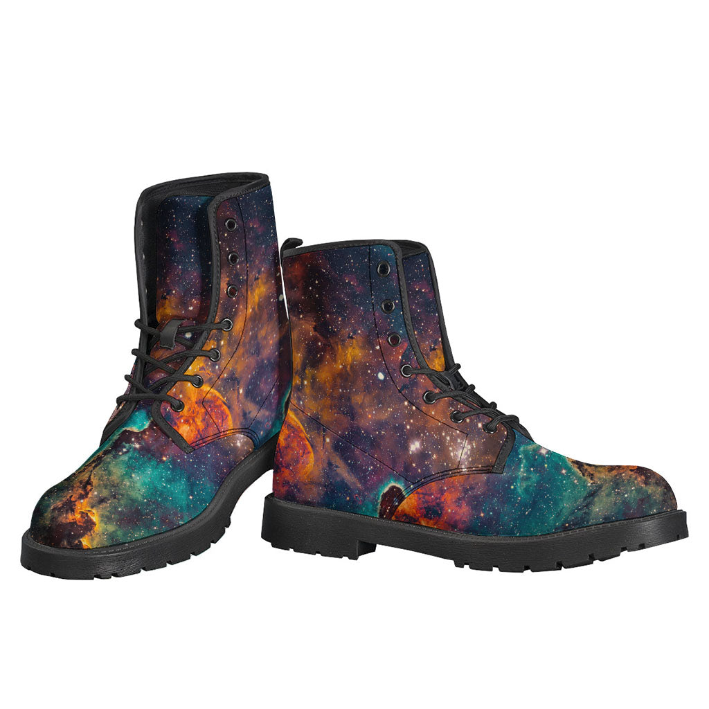 Galactic Vibes: Teal and Orange Universe Leather Lightweight Boots for Hippies - 3