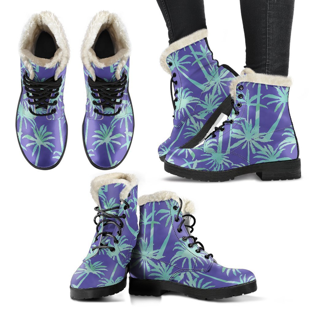 Groovy Teal Palm Tree Pattern Faux Fur Leather Boots for Hipster Hippies - 2