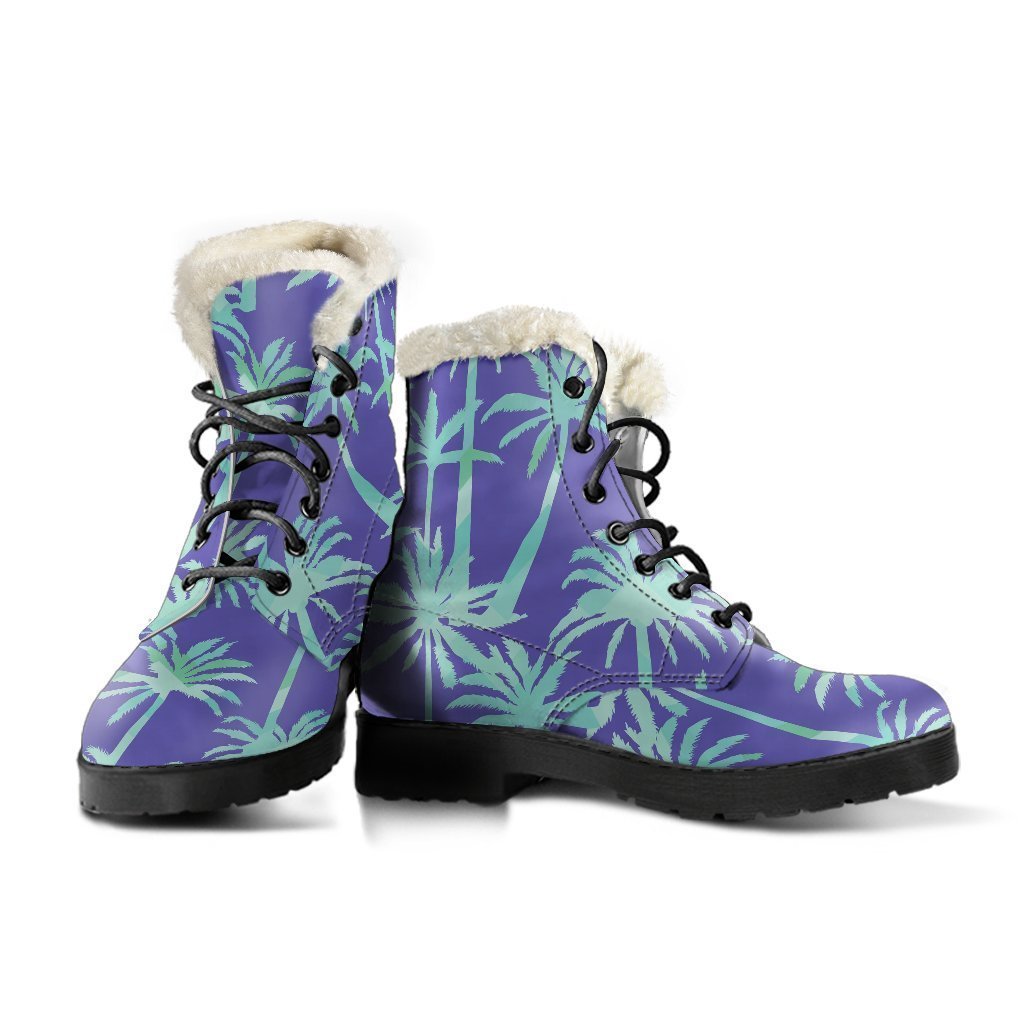 Groovy Teal Palm Tree Pattern Faux Fur Leather Boots for Hipster Hippies - 3