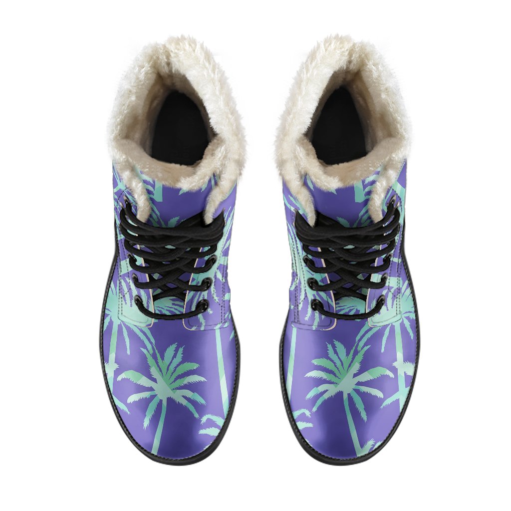 Groovy Teal Palm Tree Pattern Faux Fur Leather Boots for Hipster Hippies - 4