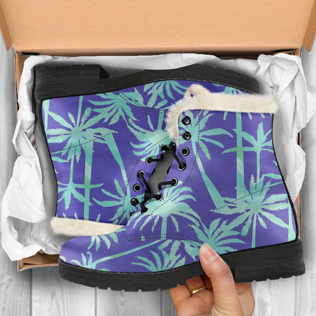 Groovy Teal Palm Tree Pattern Faux Fur Leather Boots for Hipster Hippies - 5