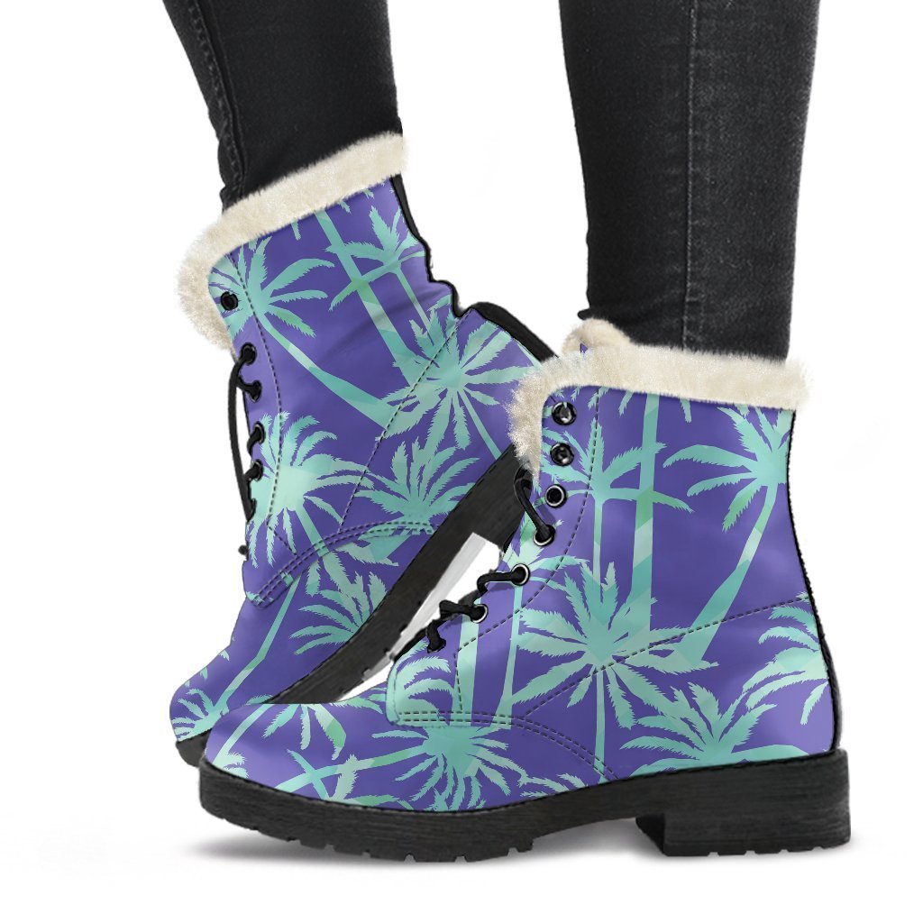 Groovy Teal Palm Tree Pattern Faux Fur Leather Boots for Hipster Hippies - 1