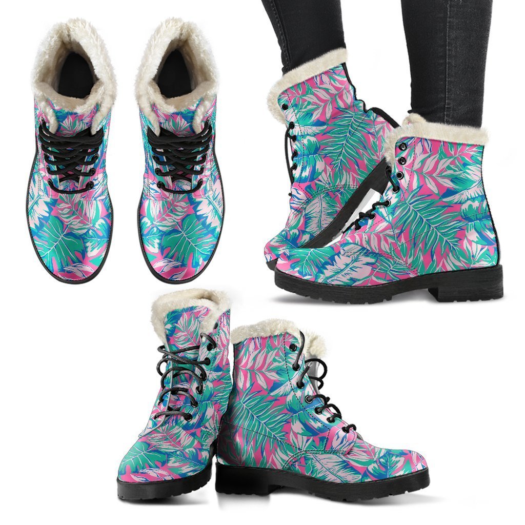 Boho Bliss: Teal Pink Blossom Faux Fur Leather Boots for the Eclectic Hippie - 2