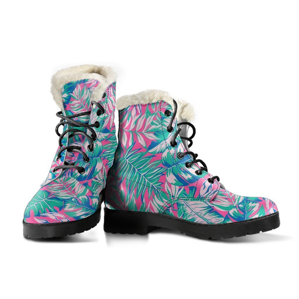 Boho Bliss: Teal Pink Blossom Faux Fur Leather Boots for the Eclectic Hippie - 3