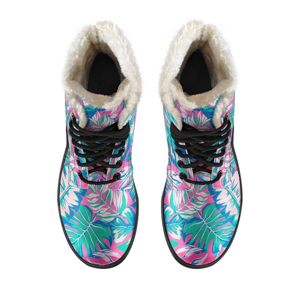 Boho Bliss: Teal Pink Blossom Faux Fur Leather Boots for the Eclectic Hippie - 4