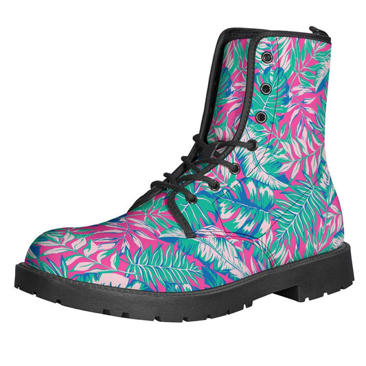 Teal Pink Blossom Tropical Pattern Leather Boots: The Ultimate Hippie Footwear - 1