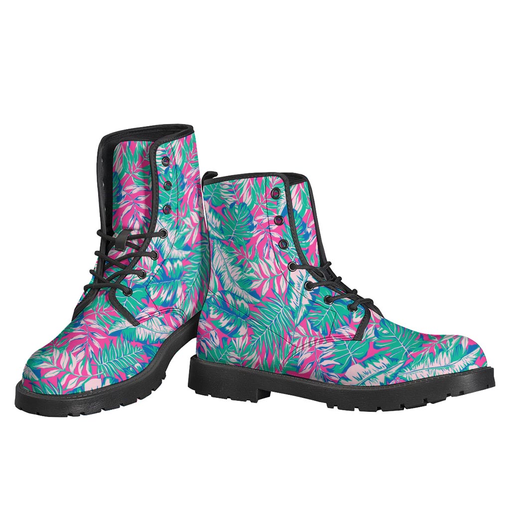 Teal Pink Blossom Tropical Pattern Leather Boots: The Ultimate Hippie Footwear - 3