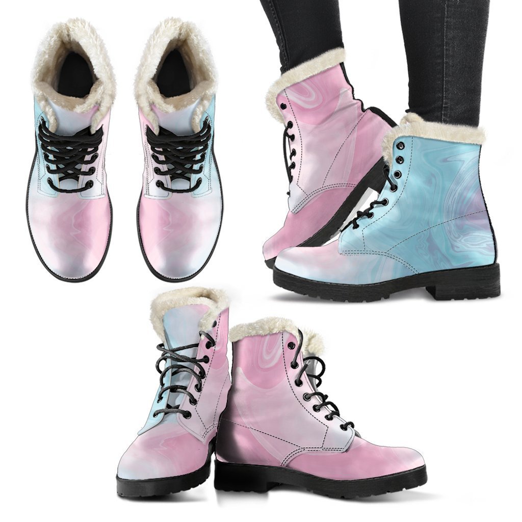 Teal Pink Liquid Marble Print Faux Fur Leather Boots for Groovy Hippies - 2