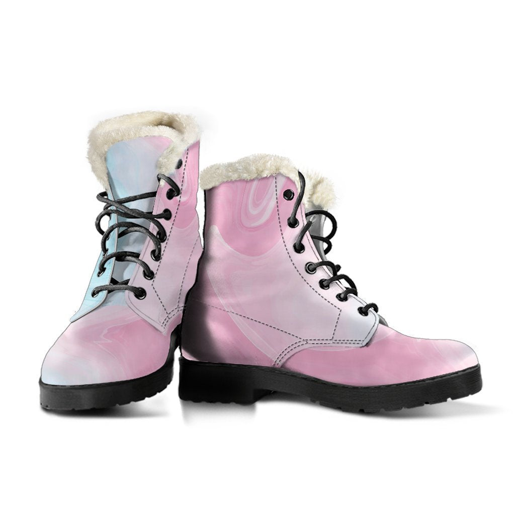 Teal Pink Liquid Marble Print Faux Fur Leather Boots for Groovy Hippies - 3