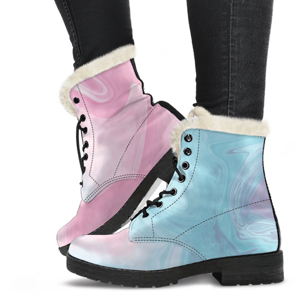 Teal Pink Liquid Marble Print Faux Fur Leather Boots for Groovy Hippies - 1