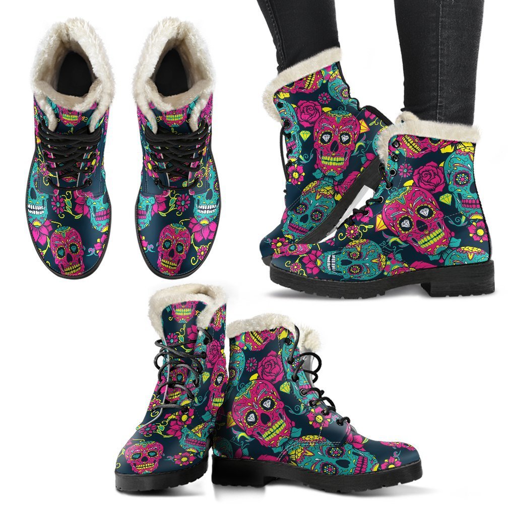 Teal Pink Sugar Skull Faux Fur Leather Boots: Embrace Your Inner Hippie - 2