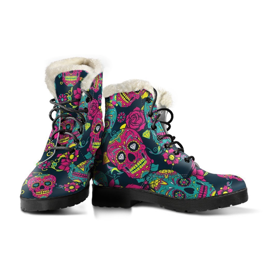 Teal Pink Sugar Skull Faux Fur Leather Boots: Embrace Your Inner Hippie - 3