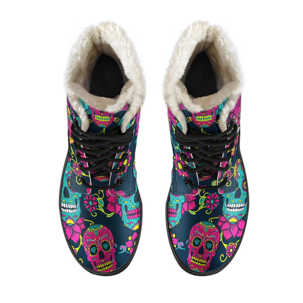 Teal Pink Sugar Skull Faux Fur Leather Boots: Embrace Your Inner Hippie - 4