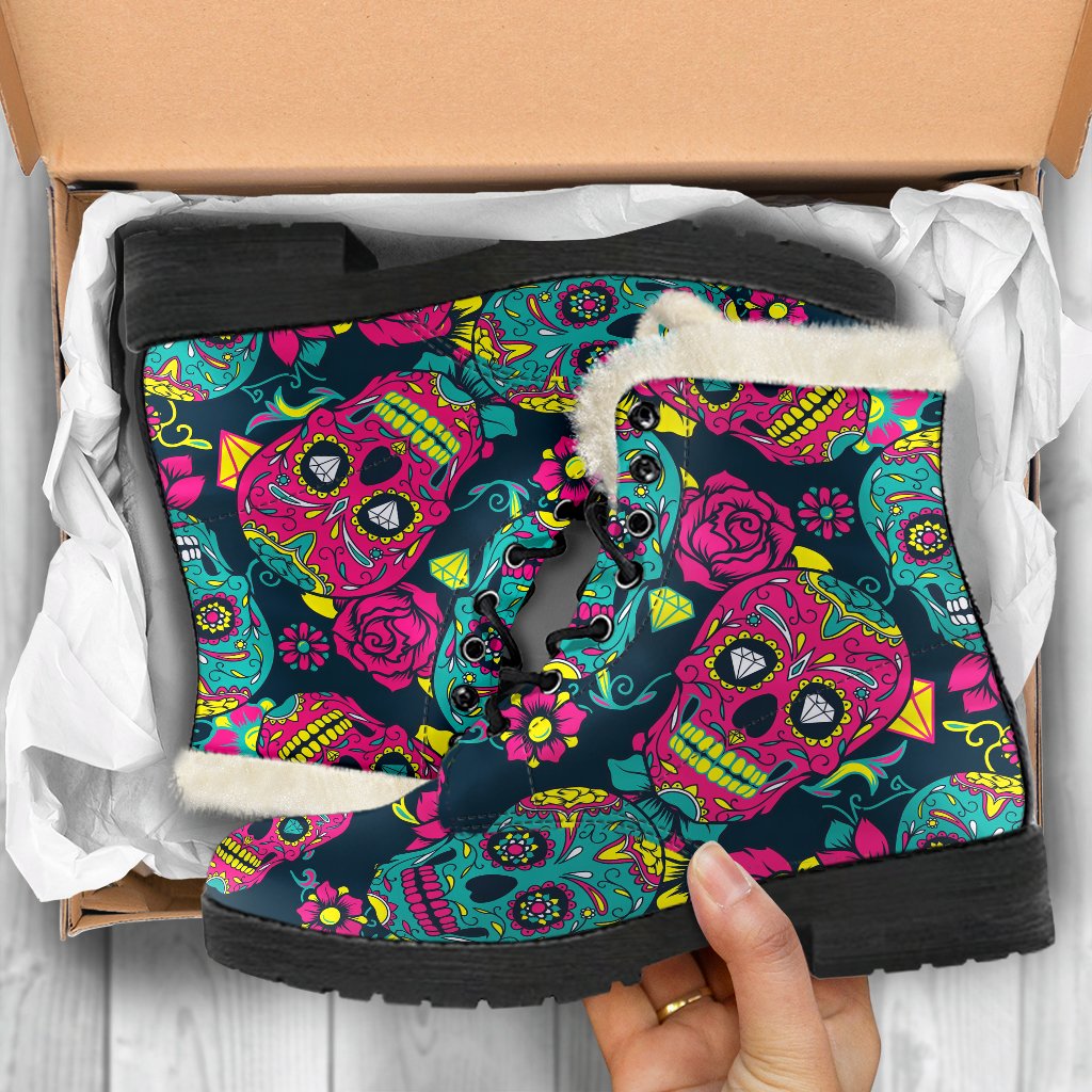 Teal Pink Sugar Skull Faux Fur Leather Boots: Embrace Your Inner Hippie - 5