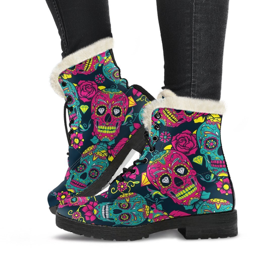 Teal Pink Sugar Skull Faux Fur Leather Boots: Embrace Your Inner Hippie - 1