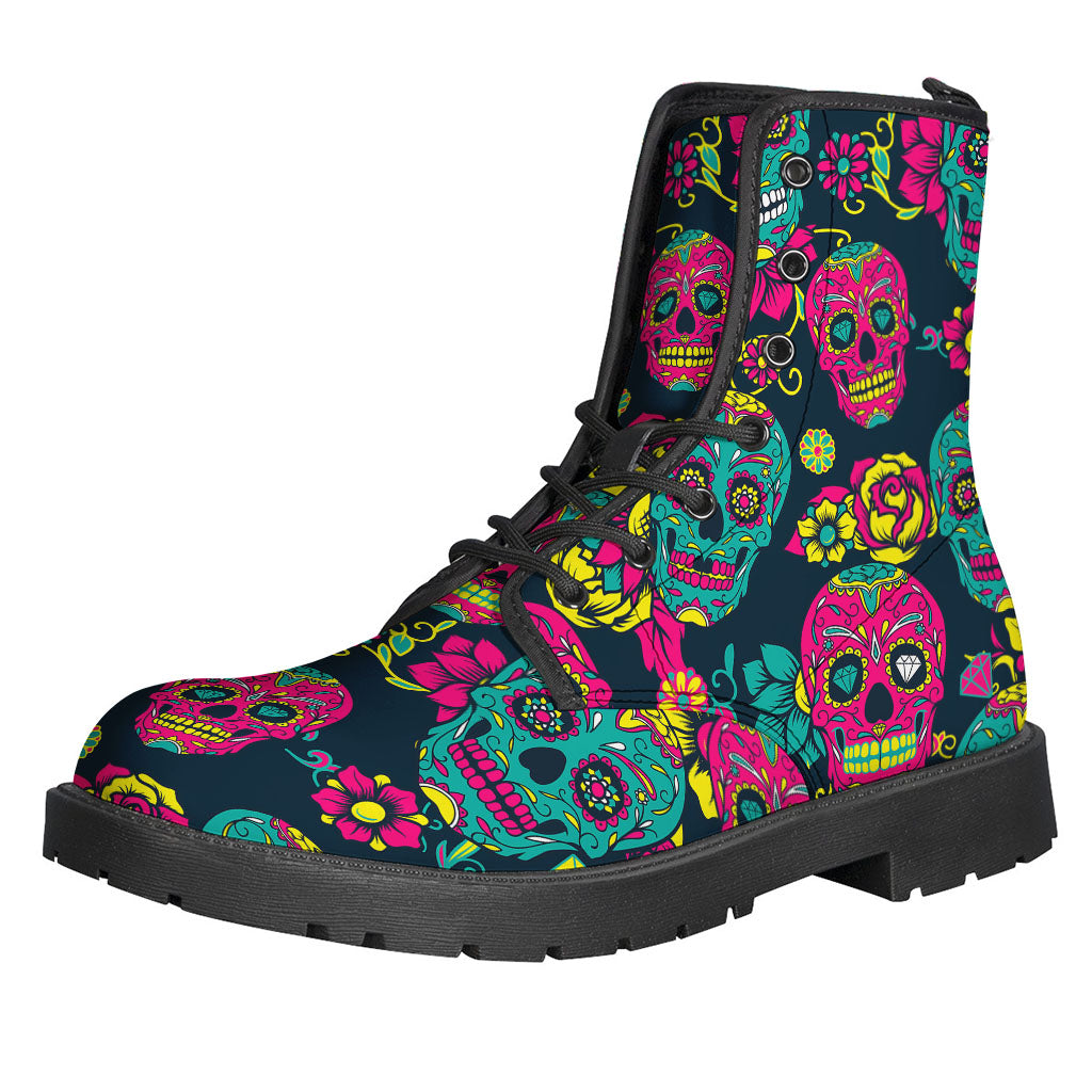 Peace, Love, and Stylish Steps: Teal Pink Sugar Skull Pattern Print Leather Boots for Hippies - 1