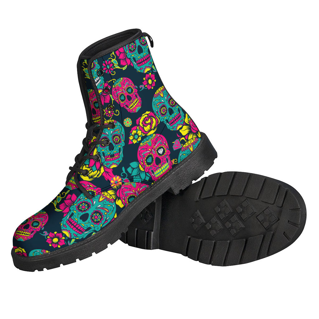 Peace, Love, and Stylish Steps: Teal Pink Sugar Skull Pattern Print Leather Boots for Hippies - 2