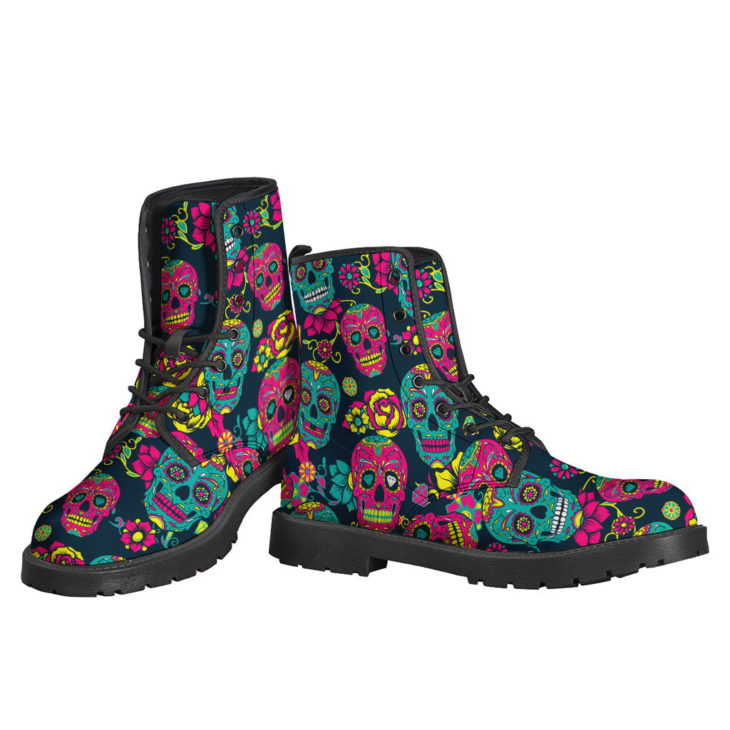 Peace, Love, and Stylish Steps: Teal Pink Sugar Skull Pattern Print Leather Boots for Hippies - 3