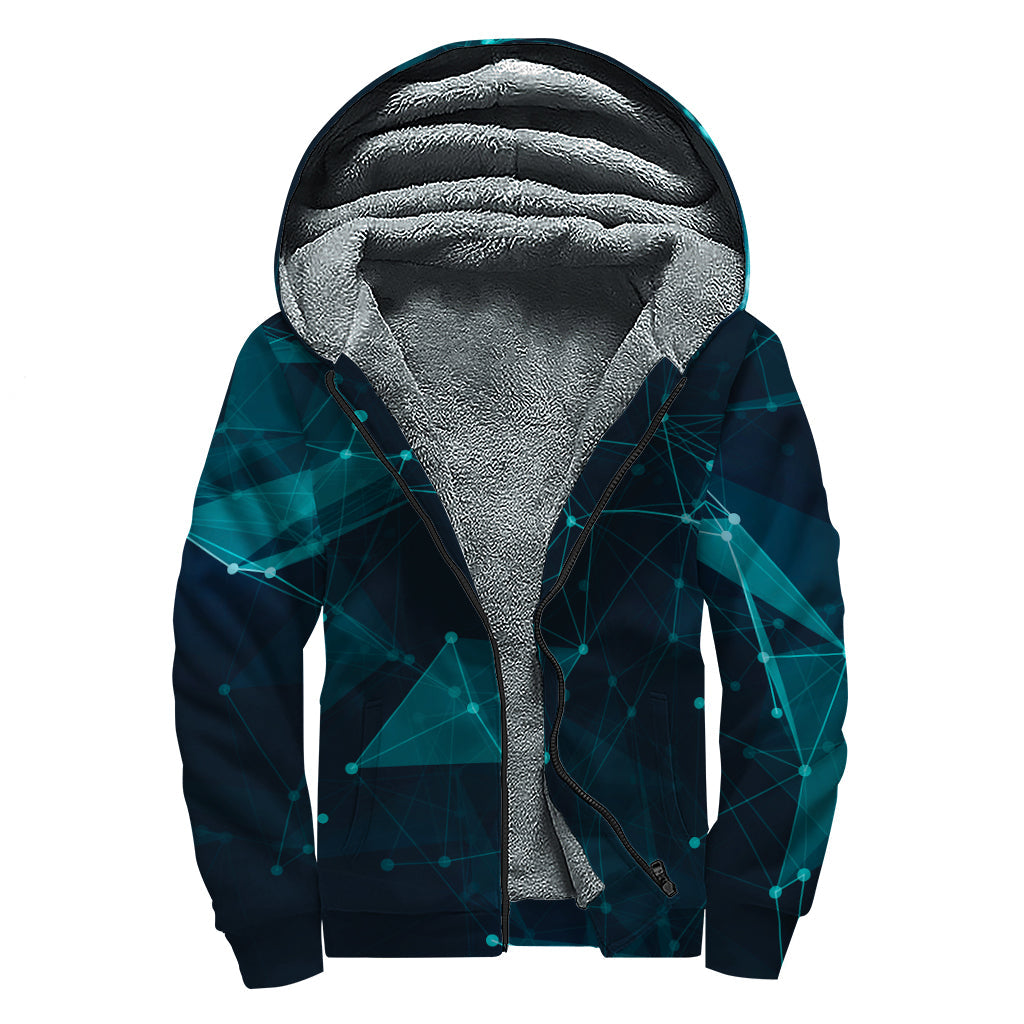 Teal Polygonal Dot Geometric Print Hippie Sherpa Lined Zip Up Hoodie - 1