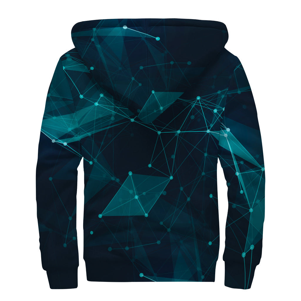 Teal Polygonal Dot Geometric Print Hippie Sherpa Lined Zip Up Hoodie - 2