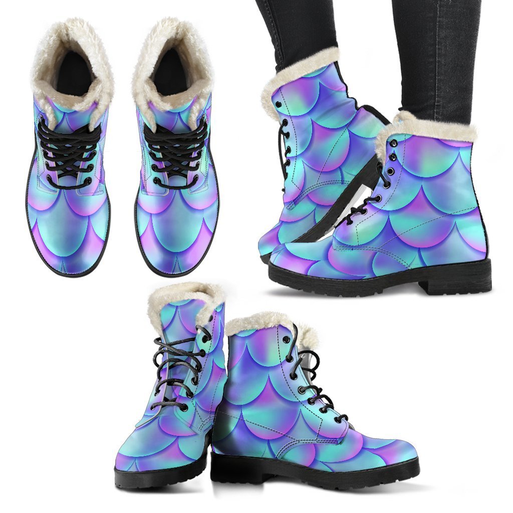 Teal Purple Mermaid Scales Faux Fur Leather Boots: The Ultimate Hippie Style Statement - 2