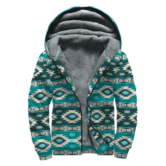 Teal Southwestern Navajo Pattern Sherpa Lined Zip Up Hoodie: Embrace Your Inner Hippie Style - 1