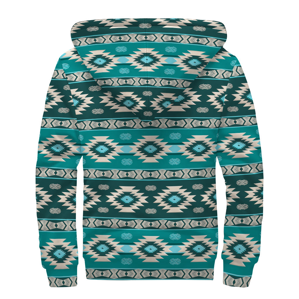 Teal Southwestern Navajo Pattern Sherpa Lined Zip Up Hoodie: Embrace Your Inner Hippie Style - 2