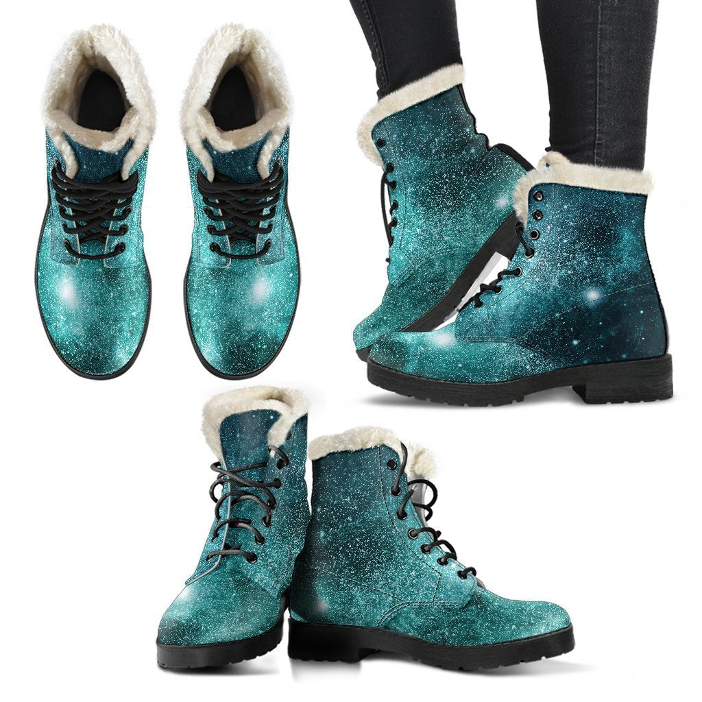 Teal Stardust Galaxy Space Print Faux Fur Leather Boots: Embrace Your Inner Hippie Style! - 2