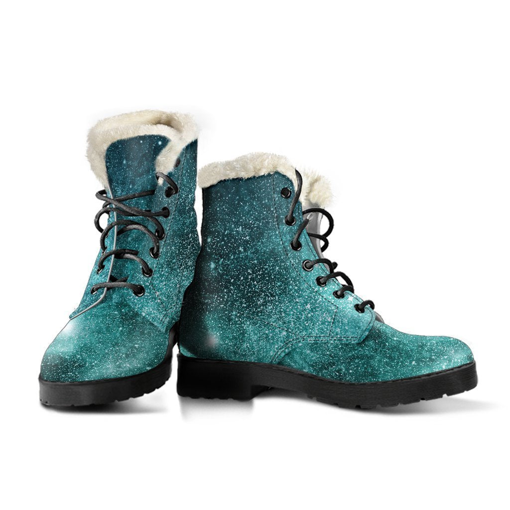 Teal Stardust Galaxy Space Print Faux Fur Leather Boots: Embrace Your Inner Hippie Style! - 3