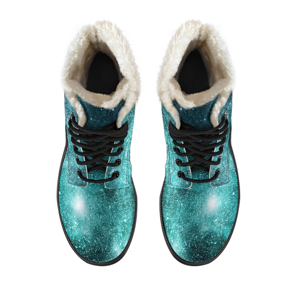 Teal Stardust Galaxy Space Print Faux Fur Leather Boots: Embrace Your Inner Hippie Style! - 4