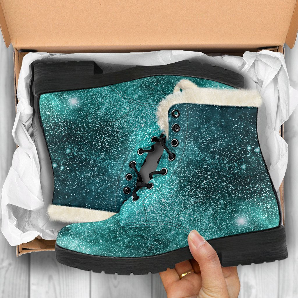 Teal Stardust Galaxy Space Print Faux Fur Leather Boots: Embrace Your Inner Hippie Style! - 5