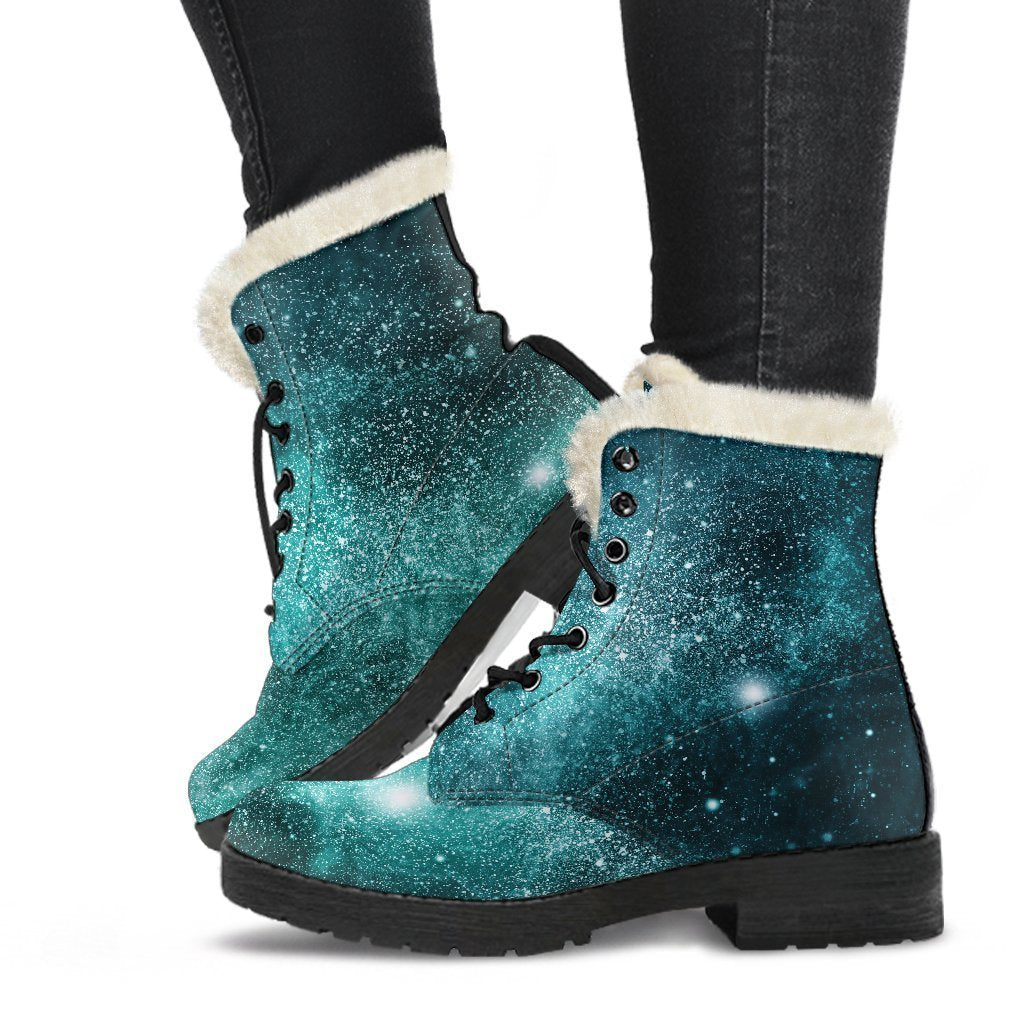 Teal Stardust Galaxy Space Print Faux Fur Leather Boots: Embrace Your Inner Hippie Style! - 1