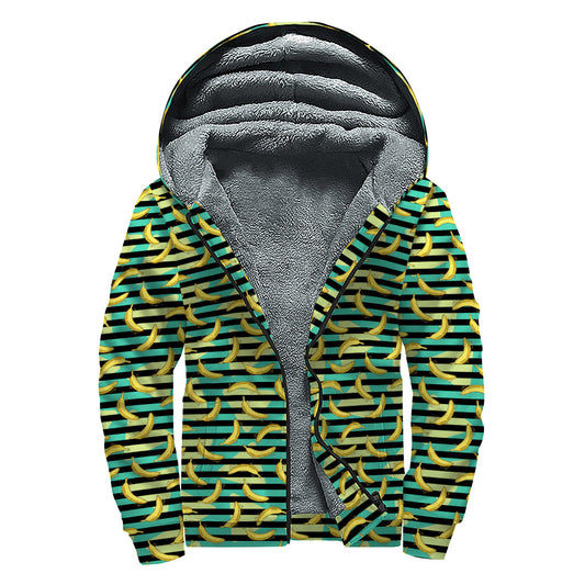 Teal Striped Banana Pattern Sherpa Lined Zip Up Hoodie for Groovy Hippies - 1