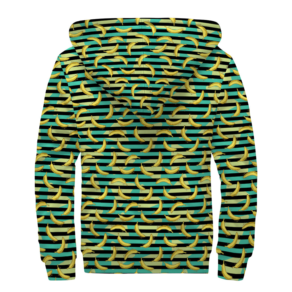 Teal Striped Banana Pattern Sherpa Lined Zip Up Hoodie for Groovy Hippies - 2