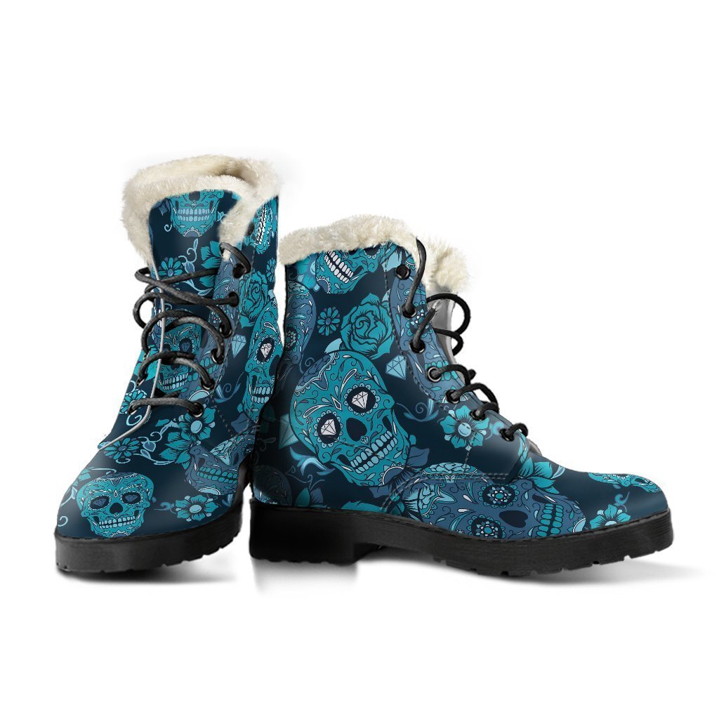 Teal Sugar Skull Flower Pattern Faux Fur Leather Boots - Groovy Hippie Style - 3