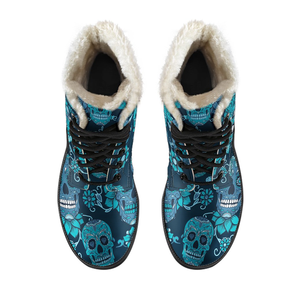 Teal Sugar Skull Flower Pattern Faux Fur Leather Boots - Groovy Hippie Style - 4