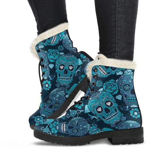 Teal Sugar Skull Flower Pattern Faux Fur Leather Boots - Groovy Hippie Style - 1