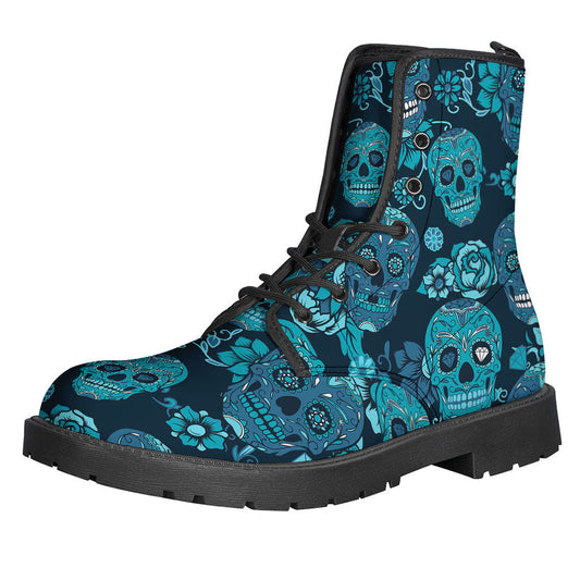 Teal Sugar Skull Flower Pattern Leather Boots for the Free-Spirited Hippie - 1