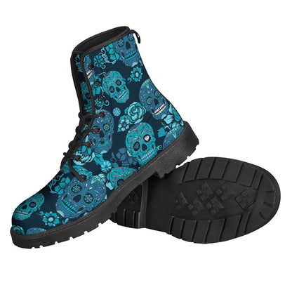 Teal Sugar Skull Flower Pattern Leather Boots for the Free-Spirited Hippie - 2