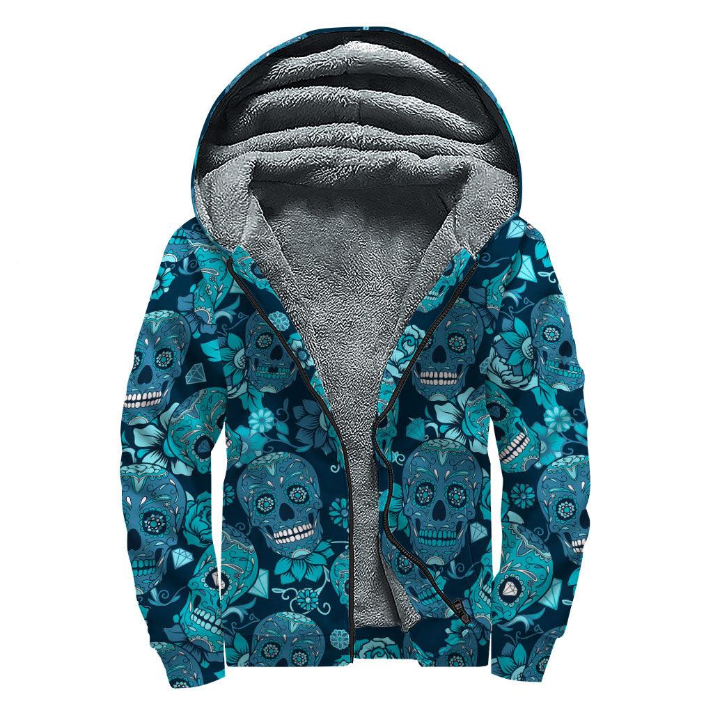 Teal Sugar Skull Flower Pattern Print Sherpa-Lined Zip Up Hoodie for Groovy Hippies - 1