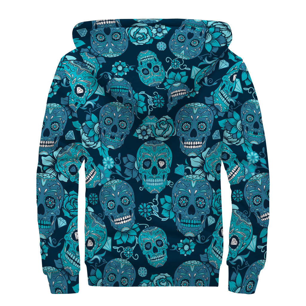 Teal Sugar Skull Flower Pattern Print Sherpa-Lined Zip Up Hoodie for Groovy Hippies - 2