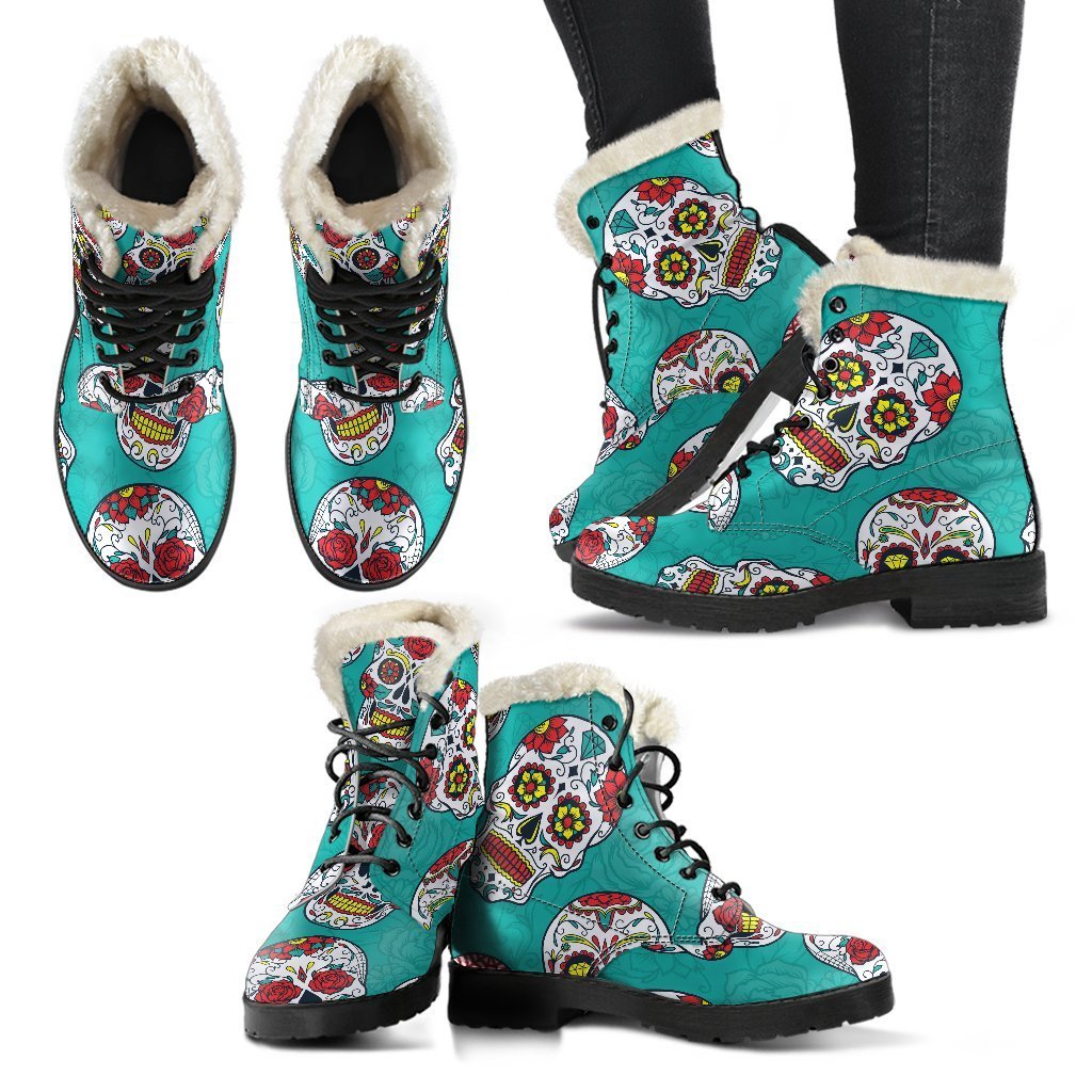 Teal Sugar Skull Pattern Faux Fur Leather Boots for Boho Chic Hippies - 2